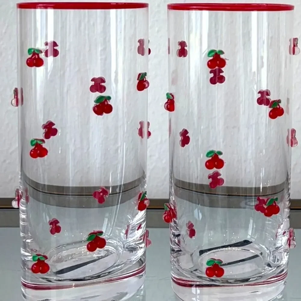 Red Cherry Icon Highball Glass Set of 2 Chic Drinkware 6in NEW